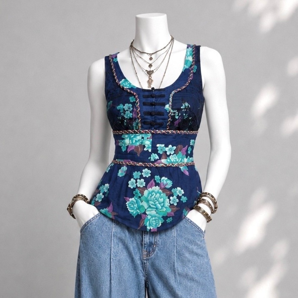 Vintage Free People Shanghai Floral Tank Top 2 Blue Green Whimsigoth Y2K Boho